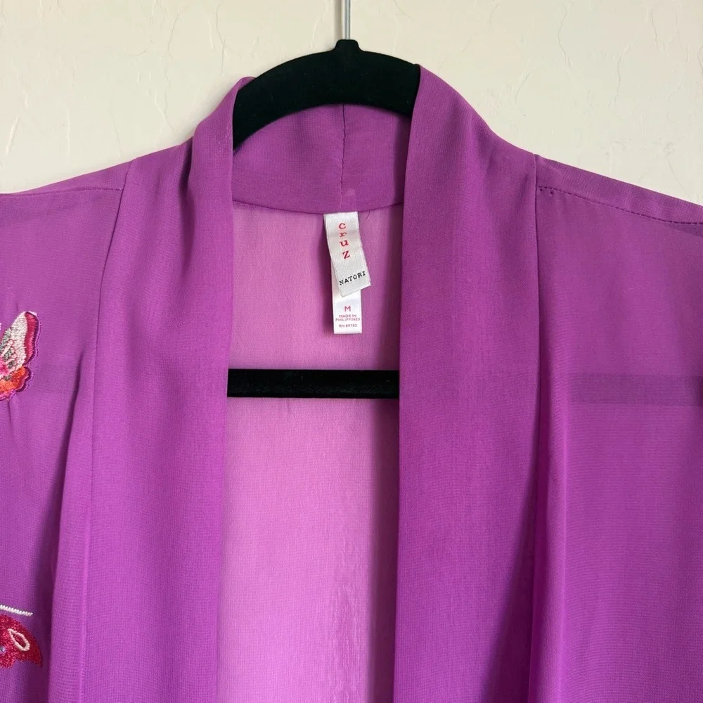 Cruz Natori Purple Sheer Novelty Embroidered Butterfly Kimono Robe Medium
